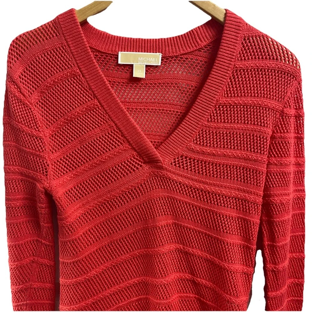MICHAEL Michael Kors Womens V-Neck Mesh‎ Knit Sweater, Coral Reef, Sz XS